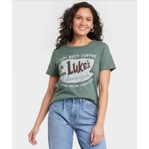 Gilmore Girls Luke's Coffee Shop Tee Womens Small Slate Green Y2K Tuscan Mom Top